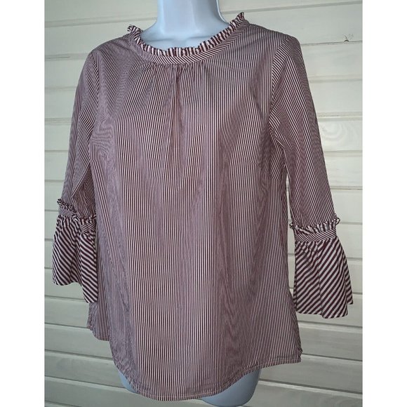Talbots Sz SMALL Side Zip Tunic Blouse Red White Stripes Ruffle Collar EUC - Picture 1 of 8